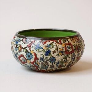 Handcrafted Floral Ceramic Bowl with Green Interior